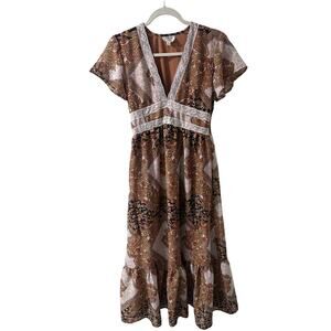 Empire Waist Midi Peasant Dress Size Small Paisley Patchwork Crochet-Lace Trim